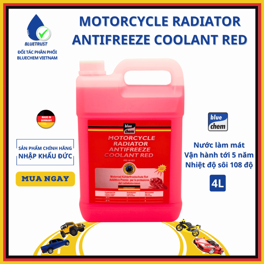 NƯỚC LÀM MÁT XE MÁY MÀU HỒNG ĐỘ SÔI 108°C BLUECHEM - MOTORCYCLE RADIATOR ANTIFREEZE COOLANT RED - 4 LÍT