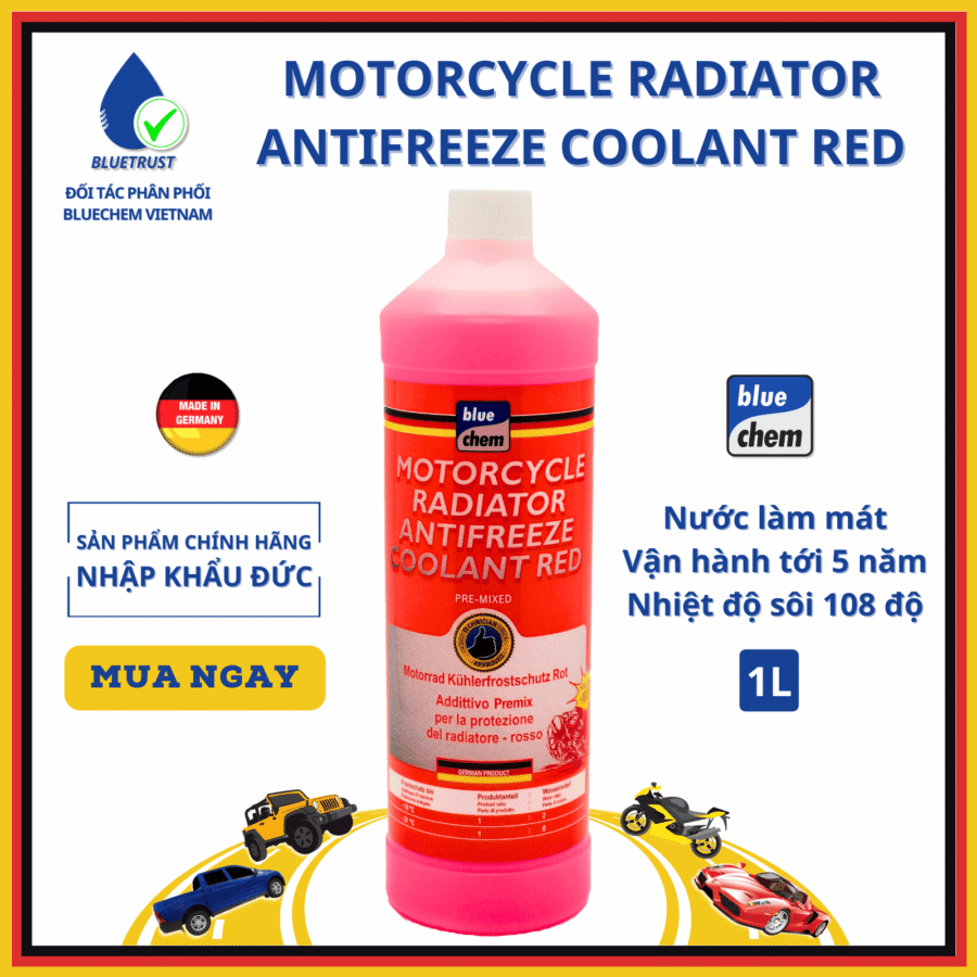 NƯỚC LÀM MÁT XE MÁY MÀU HỒNG ĐỘ SÔI 108°C BLUECHEM - MOTORCYCLE RADIATOR ANTIFREEZE COOLANT RED - 1 LÍT