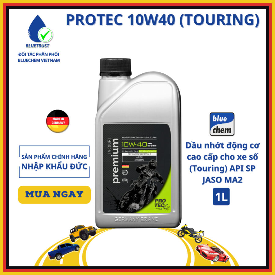 Dầu Nhớt Tổng Hợp Toàn Phần Xe Máy, PKL BLUECHEM PROTEC 10W40 (Touring), API SP, JASO MA2, ESTER CORE, PAO - 1 Lít