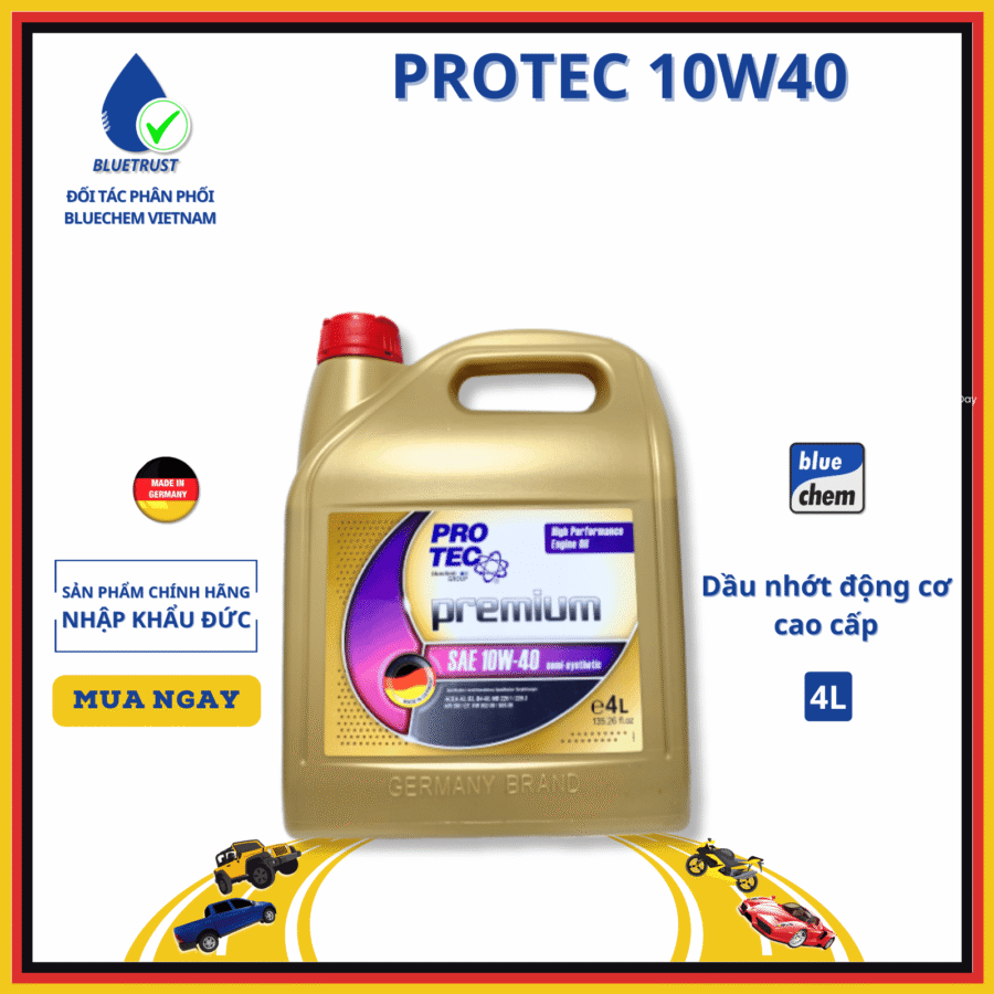 Dầu Nhớt Bán Tổng Hợp Xe Ô Tô BLUECHEM PROTEC 10W40, API SP/CF, ACEA A3 – 10W40 PREMIUM SEMI SYNTHETIC PROTEC - 4 Lít