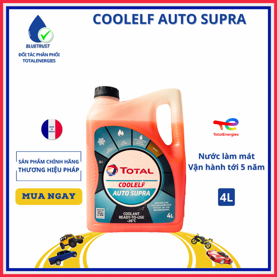 Nước làm mát màu hồng TOTAL COOLELF AUTO SUPRA -26°C - 4 Lít