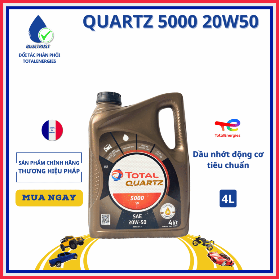 Dầu nhớt động cơ ô tô TOTAL QUARTZ 5000 20W50, API SN/CF - 4 Lít